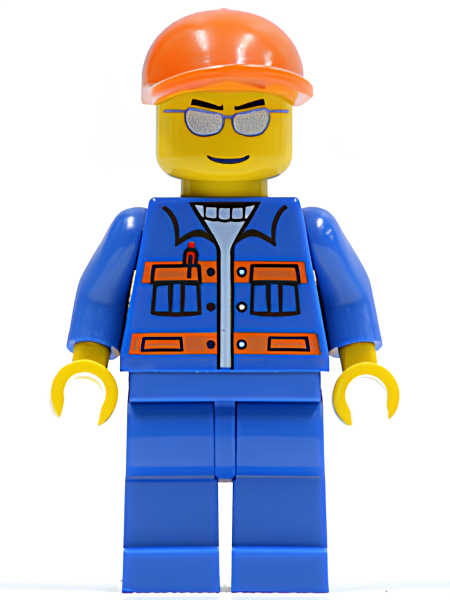 Минифигурка Lego Blue Jacket with Pockets and Orange Stripes, Blue Legs, Orange Short Bill Cap, Silver Sunglasses cty0227